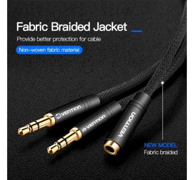 Vention Перехідник Audio Jack TRS F -> 2xM, 1.0м, Cotton braided чорний Vention