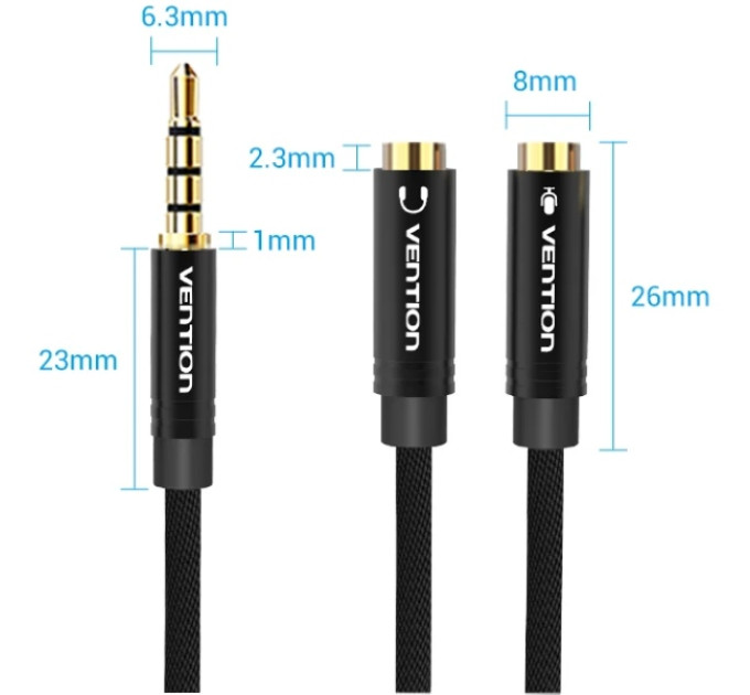 Vention Перехідник Audio Jack TRS M -> 2xF, 1.0м, Cotton braided, чорний,  Vention