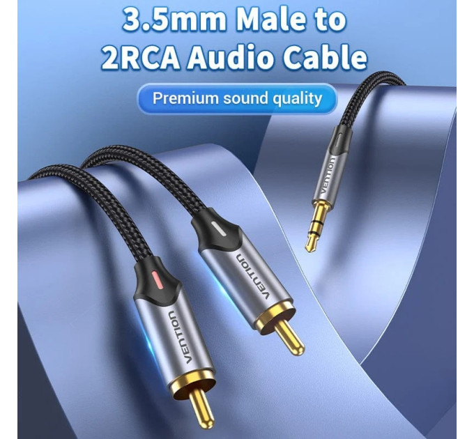 Vention Кабель AUX Audio TRS - RCAx2 M/M 3.0м, Gold-Plated, Aluminum alloy, чорний, Vention