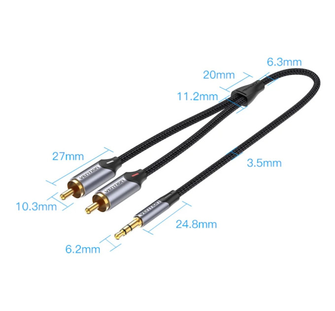Vention Кабель AUX Audio TRS - RCAx2 M/M 3.0м, Gold-Plated, Aluminum alloy, чорний, Vention