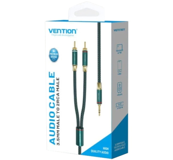 Vention Кабель AUX Audio HiFi TRS 3.5мм - RCAx2 M/M 1.0м, OFC Silver, Cotton braided, зелений, Vention