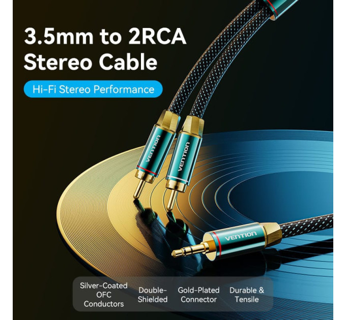 Vention Кабель AUX Audio HiFi TRS 3.5мм - RCAx2 M/M 1.5м, OFC Silver, Cotton braided, зелений, Ventio