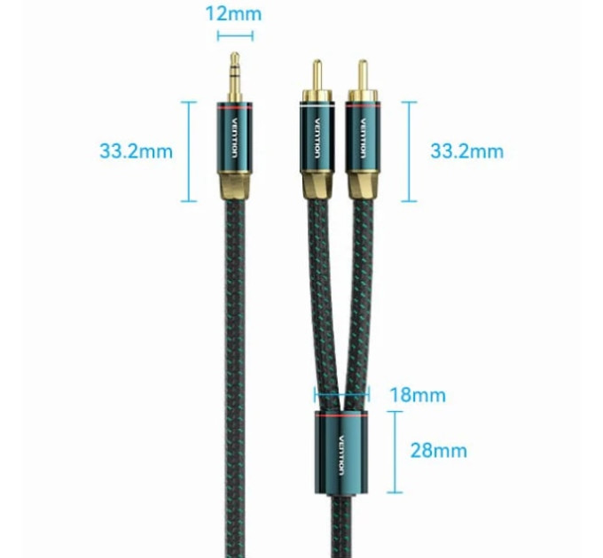 Vention Кабель AUX Audio HiFi TRS 3.5мм - RCAx2 M/M 2.0м, OFC Silver, Cotton braided, зелений, Vention