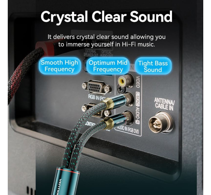 Vention Кабель AUX Audio HiFi TRS 3.5мм - RCAx2 M/M 2.0м, OFC Silver, Cotton braided, зелений, Vention