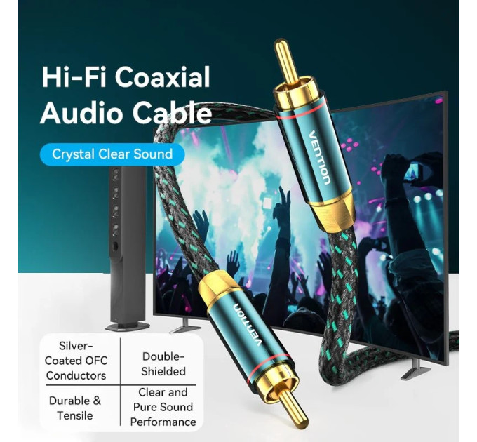 Vention Кабель AUX coaxial HiFi RCA M/M 5.0м OFC Silver, Zinc alloy, зелений, Ventio