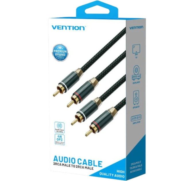 Vention Кабель AUX Audio HiFi 2RCAx2 M/M 3.0м, OFC Silver, Zinc alloy, зелений, Vention