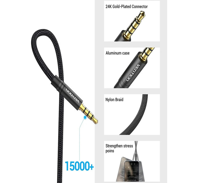 Vention Кабель AUX Audio TRS M/F 5.0м Gold-Plated, нейлонове обплетення, чорний Vention