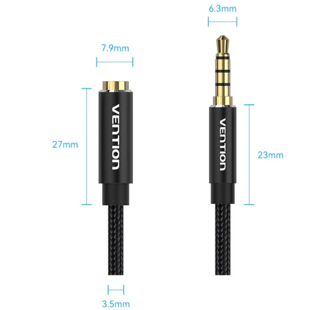Vention Кабель AUX Audio TRS M/F 1.5м Gold-Plated, нейлонове обплетення, чорний Vention