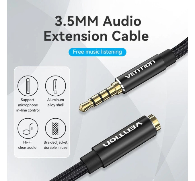 Vention Кабель AUX Audio TRS M/F 1.5м Gold-Plated, нейлонове обплетення, чорний Vention