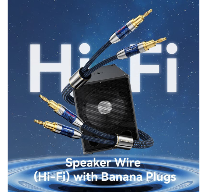 Vention HiFi Audio Speaker Cable 5.0м,Banana 2xM/M,4N OFC Silver, Gold-Plated,TPE + обплетення,Vention