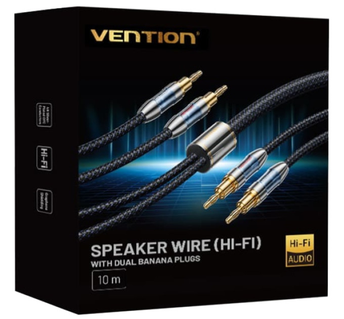 Vention HiFi Audio Speaker Cable 10.0м,Banana 2xM/M,4N OFC Silver, Gold-Plated,TPE + обплетення,Vention