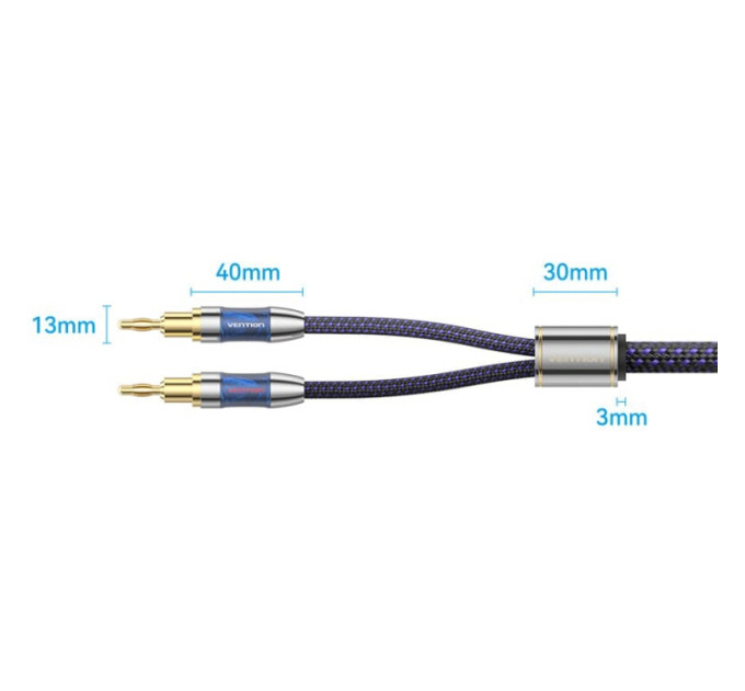 Vention HiFi Audio Speaker Cable 10.0м,Banana 2xM/M,4N OFC Silver, Gold-Plated,TPE + обплетення,Vention