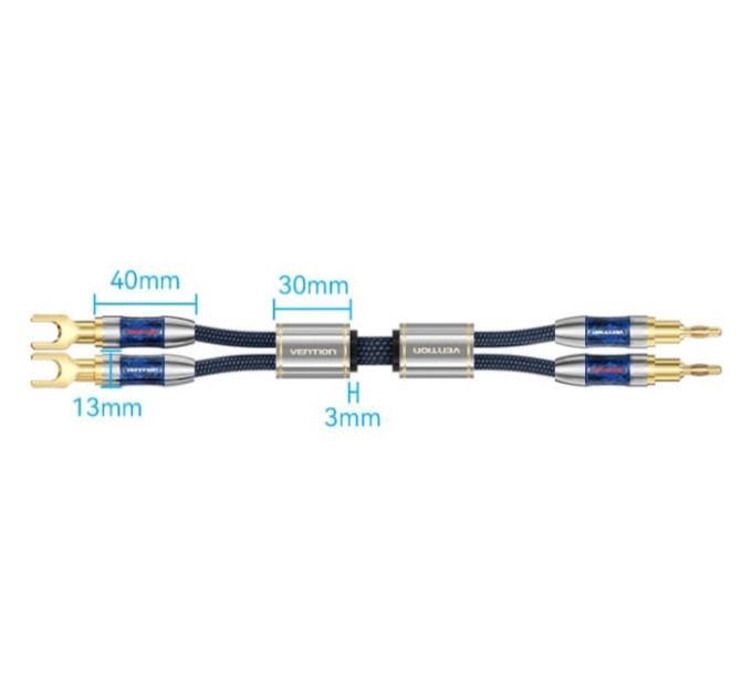 Vention HiFi Audio Speaker Cable 1.5м,Banana-Spade 2xM/M,4N OFC Silver, Gold-Plated,TPE + обплетення,Vention