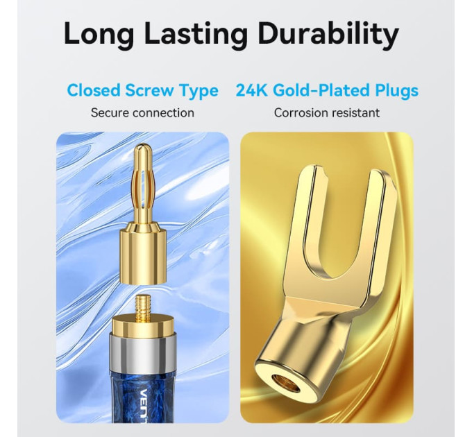 Vention HiFi Audio Speaker Cable 1.5м,Banana-Spade 2xM/M,4N OFC Silver, Gold-Plated,TPE + обплетення,Vention