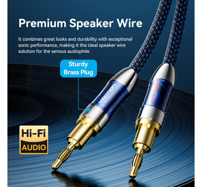 Vention HiFi Audio Speaker Cable 5.0м,Banana-Spade 2xM/M,4N OFC Silver, Gold-Plated,TPE + обплетення,Vention