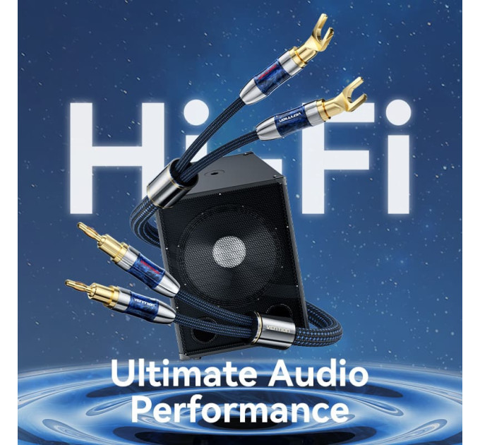 Vention HiFi Audio Speaker Cable 5.0м,Banana-Spade 2xM/M,4N OFC Silver, Gold-Plated,TPE + обплетення,Vention