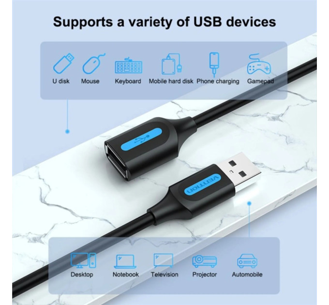 Vention Кабель продовжувач USB 2.0 AM/AF 3.0м, PVC Type чорний,Vention