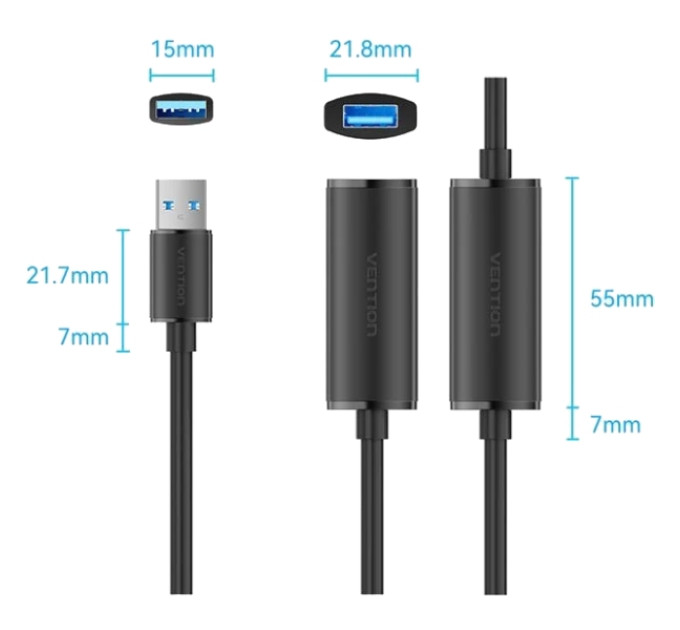 Vention Кабель продовжувач USB 3.0 AM/AF 10.0м, активний, 2 підсилювачі, дод. живлення USB-C, чорний,Vention