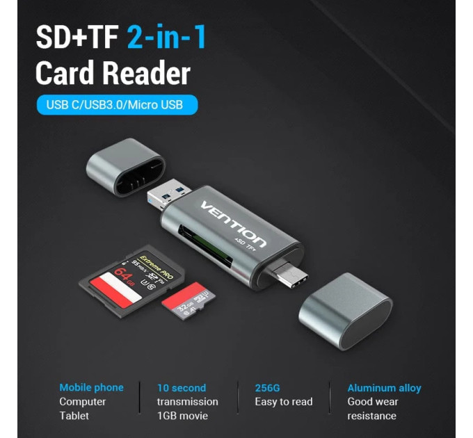 Vention Card Reader USB 3.0, 2-слота SD/TF, USB-A/USB-C/Micro USB, Aluminum Alloy ,чорний Vention