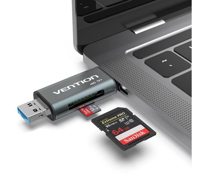Vention Card Reader USB 3.0, 2-слота SD/TF, USB-A/USB-C/Micro USB, Aluminum Alloy ,чорний Vention