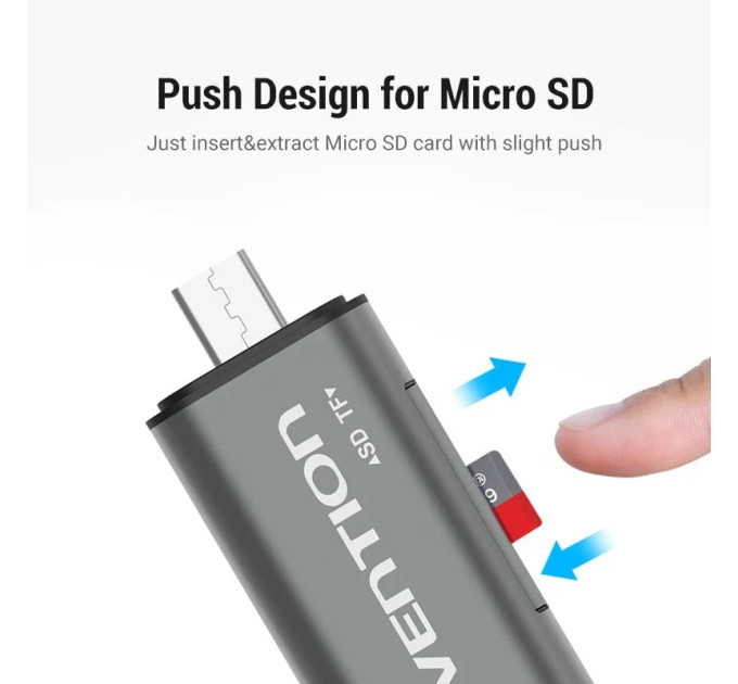 Vention Card Reader USB 3.0, 2-слота SD/TF, USB-A/USB-C/Micro USB, Aluminum Alloy ,чорний Vention