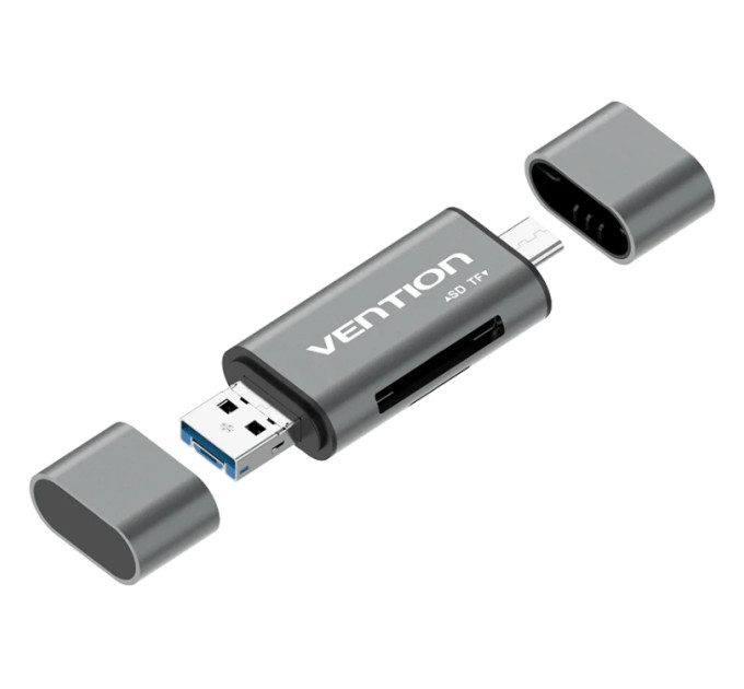 Vention Card Reader USB 3.0, 2-слота SD/TF, USB-A/USB-C/Micro USB, Aluminum Alloy ,чорний Vention