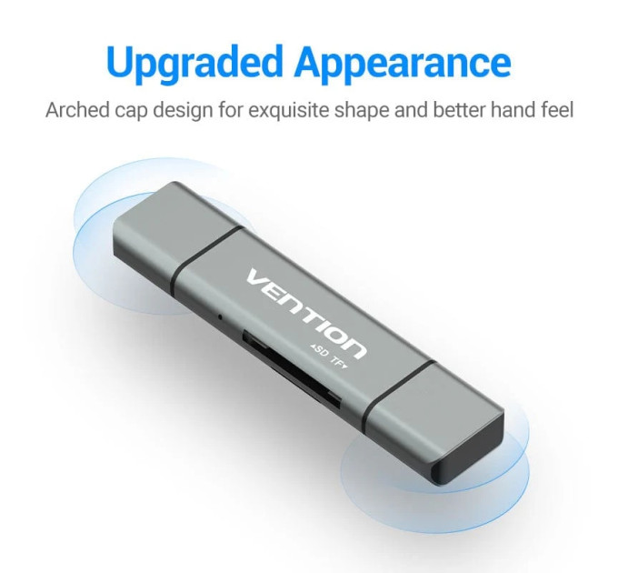 Vention Card Reader USB 2.0, 2-слота SD/TF, USB-A/USB-C/Micro-B, Aluminum  Alloy, чорний Vention