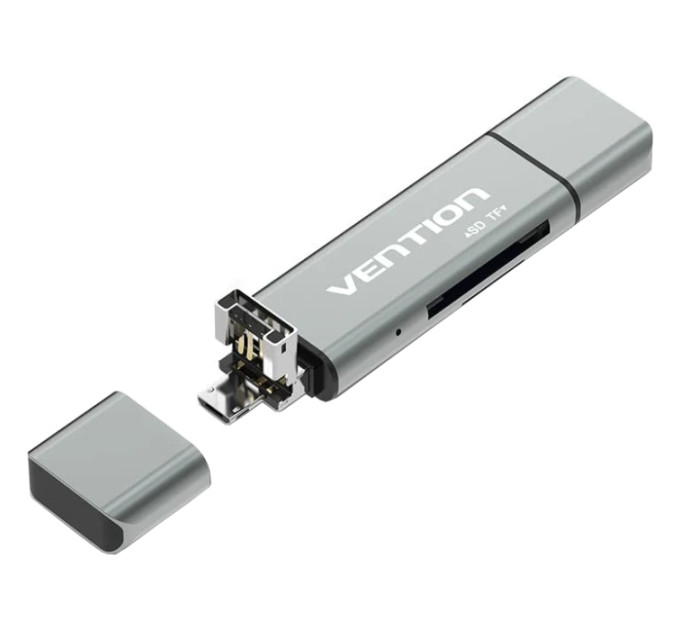 Vention Card Reader USB 2.0, 2-слота SD/TF, USB-A/USB-C/Micro-B, Aluminum  Alloy, чорний Vention