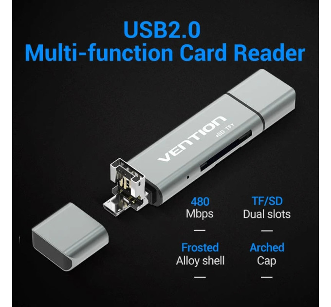 Vention Card Reader USB 2.0, 2-слота SD/TF, USB-A/USB-C/Micro-B, Aluminum  Alloy, чорний Vention