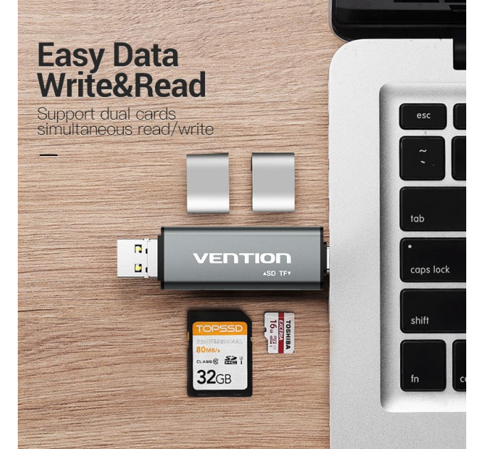 Vention Card Reader USB 2.0, 2-слота SD/TF, USB-A/USB-C/Micro-B, Aluminum  Alloy, чорний Vention