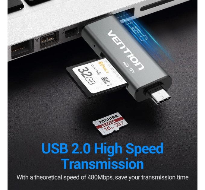 Vention Card Reader USB 2.0, 2-слота SD/TF, USB-A/USB-C/Micro-B, Aluminum  Alloy, чорний Vention