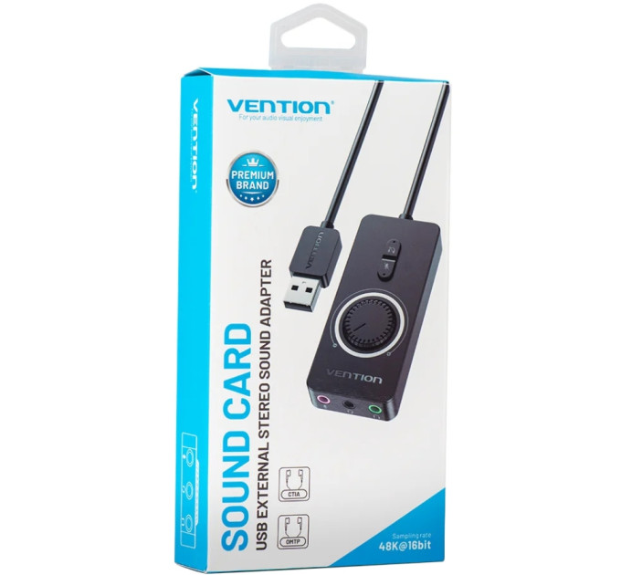 Vention Звукова карта USB AUX jack, 3*TRRS (Mic +2xEar) 1.0м, регулятор гучності, зовнішня,  Metal, Vention