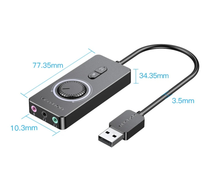 Vention Звукова карта USB AUX jack, 3*TRRS (Mic +2xEar) 1.0м, регулятор гучності, зовнішня,  Metal, Vention