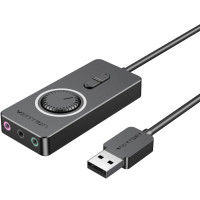 Звукова карта USB AUX jack, 3*TRRS (Mic +2xEar) 1.0м, регулятор гучності, зовнішня,  Metal, Vention