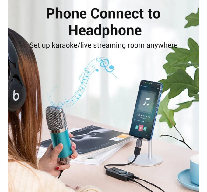 Vention Звукова карта USB AUX jack, 3*TRRS (Mic +2xEar) 1.0м, регулятор гучності, зовнішня,  Metal, Vention