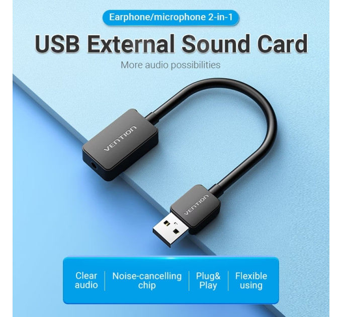 Vention Звукова карта USB AUX jack, 1*TRS, 0.15м, OMTP/CTIA, чіп шумозаглушення,  чорна Vention