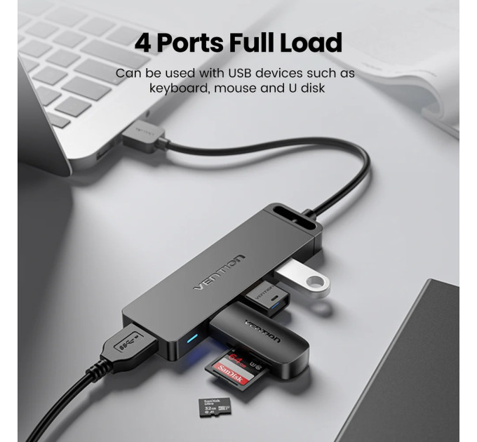 Vention Хаб USB 3.0 -> 4xUSB 3.0, 0.15м, з живленням Micro-USB,чорний Vention