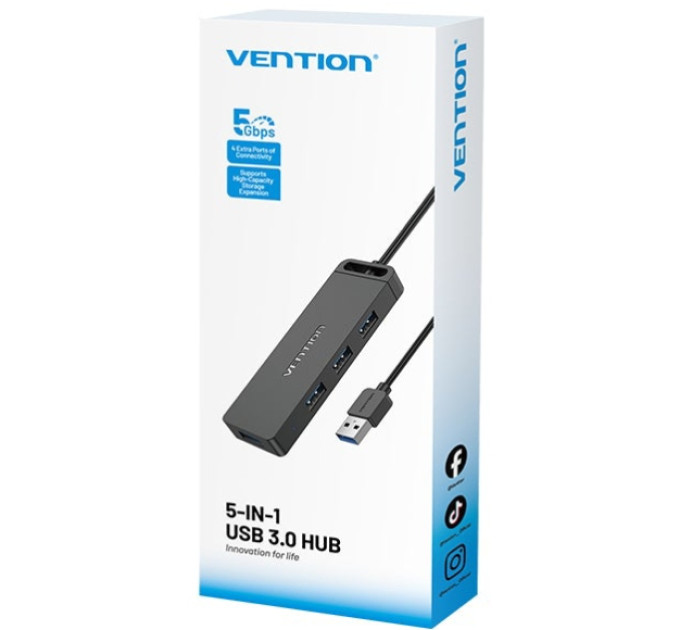 Vention Хаб USB 3.0 -> 4xUSB 3.0, 0.15м, з живленням Micro-USB,чорний Vention