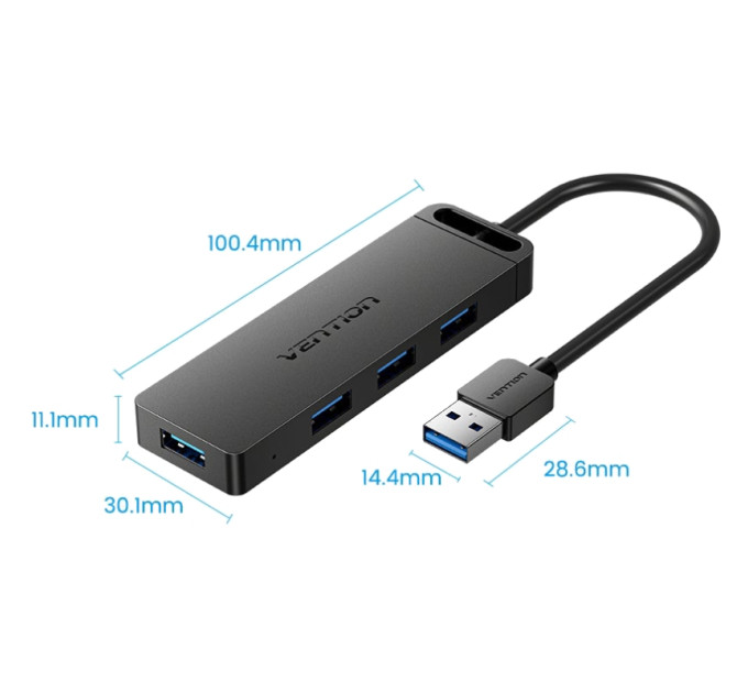 Vention Хаб USB 3.0 -> 4xUSB 3.0, 0.15м, з живленням Micro-USB,чорний Vention