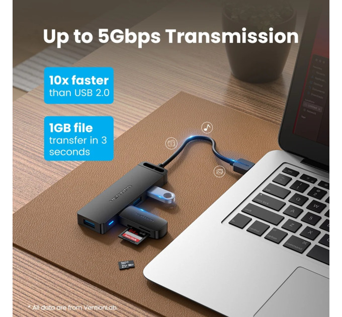 Vention Хаб USB 3.0 -> 4xUSB 3.0, 0.15м, з живленням Micro-USB,чорний Vention
