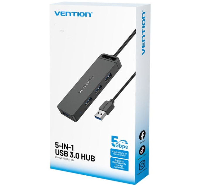 Vention Хаб USB 3.0 -> 4xUSB 3.0, 1.0м, з живленням Micro-USB,чорний Vention