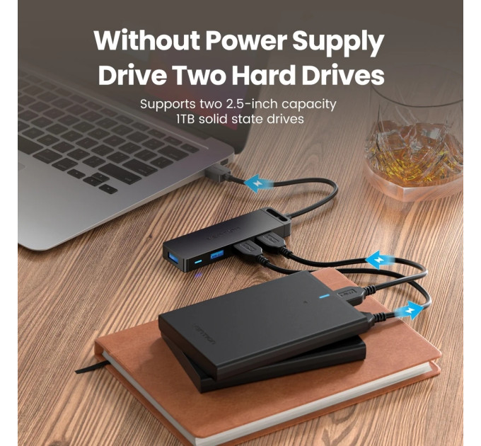 Vention Хаб USB 3.0 -> 4xUSB 3.0, 1.0м, з живленням Micro-USB,чорний Vention