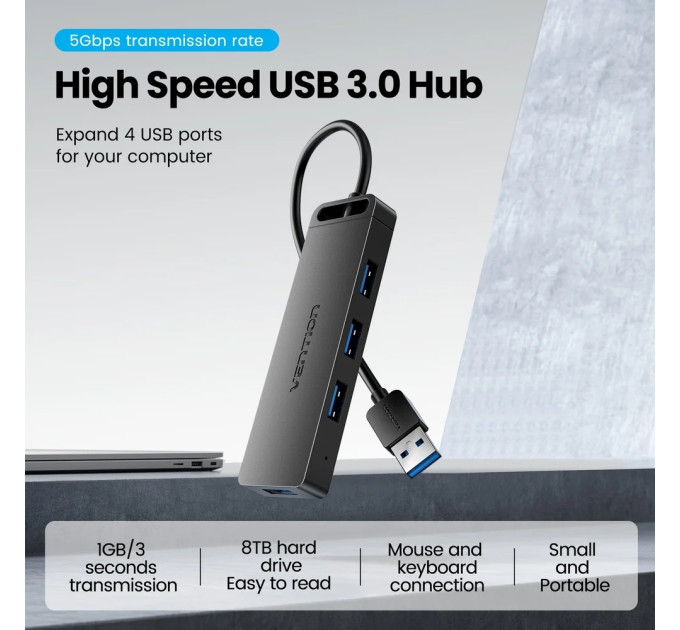 Vention Хаб USB 3.0 -> 4xUSB 3.0, 1.0м, з живленням Micro-USB,чорний Vention