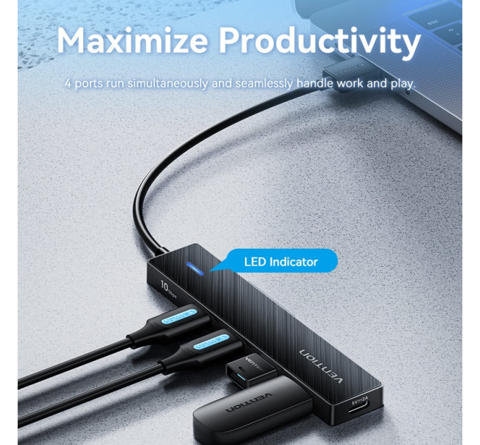 Vention Хаб USB 3.0 -> 4xUSB 3.2 Gen2, 0.15м, USB-C 10Gbps 0.15m, чорний Vention
