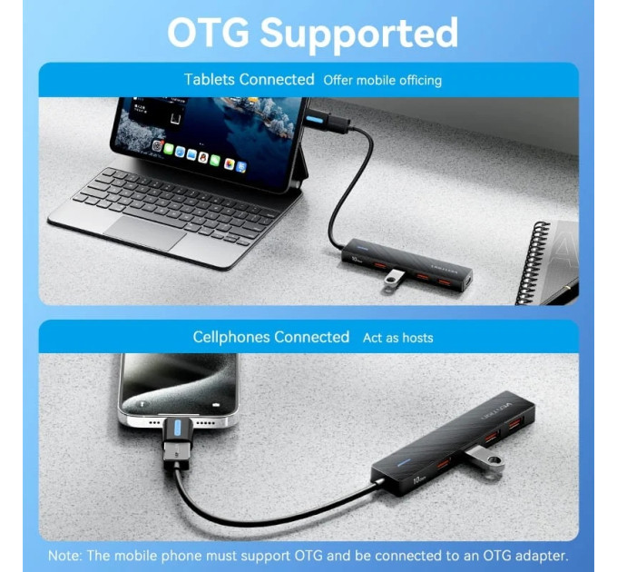 Vention Хаб USB 3.0 -> 4xUSB 3.2 Gen2, 0.15м, USB-C 10Gbps 0.15m, чорний Vention