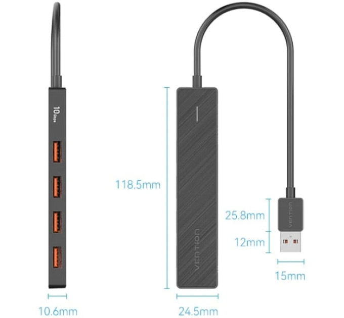 Vention Хаб USB 3.0 -> 4xUSB 3.2 Gen2, 0.15м, USB-C 10Gbps 0.15m, чорний Vention