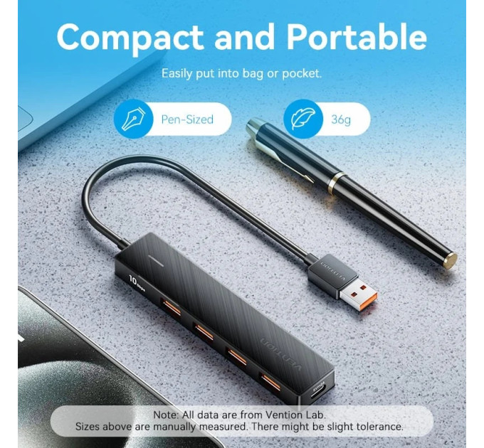 Vention Хаб USB 3.0 -> 4xUSB 3.2 Gen2, 0.15м, USB-C 10Gbps 0.15m, чорний Vention