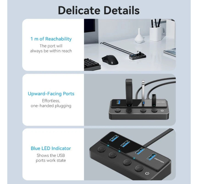 Vention Хаб USB 3.0 -> 4xUSB 3.0, з вимикачами, 1.0м, з живленням USB-С,чорний Vention