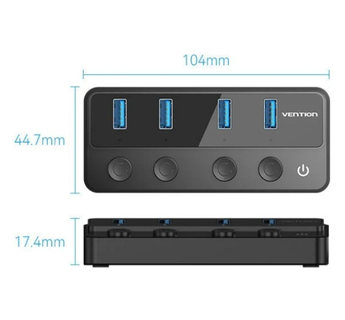 Vention Хаб USB 3.0 -> 4xUSB 3.0, з вимикачами, 1.0м, з живленням USB-С,чорний Vention