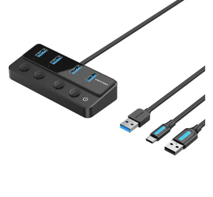 Vention Хаб USB 3.0 -> 4xUSB 3.0, з вимикачами, 1.0м, з живленням USB-С,чорний Vention